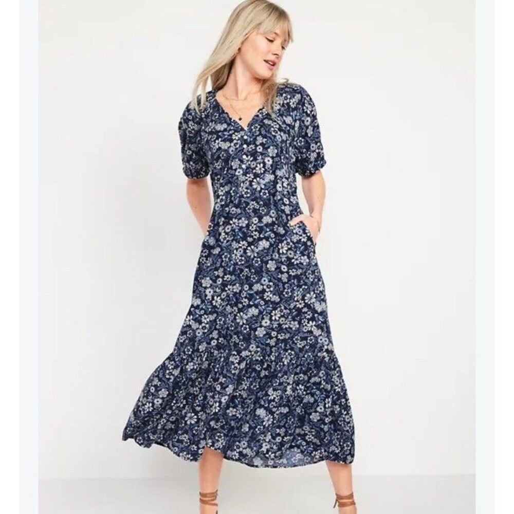 Old Navy Maxi Dress M Puff Sleeve Blue Floral Print Swing Boho Prairie V-neck